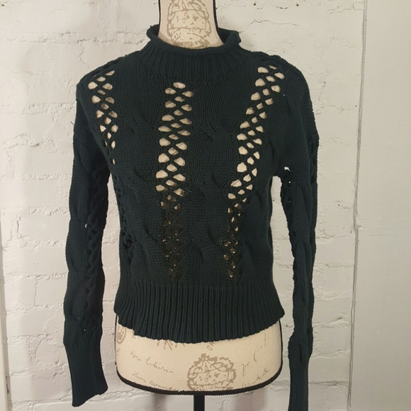 Express Small Crochet Forest Green Crop Sweater - Picture 2 of 8